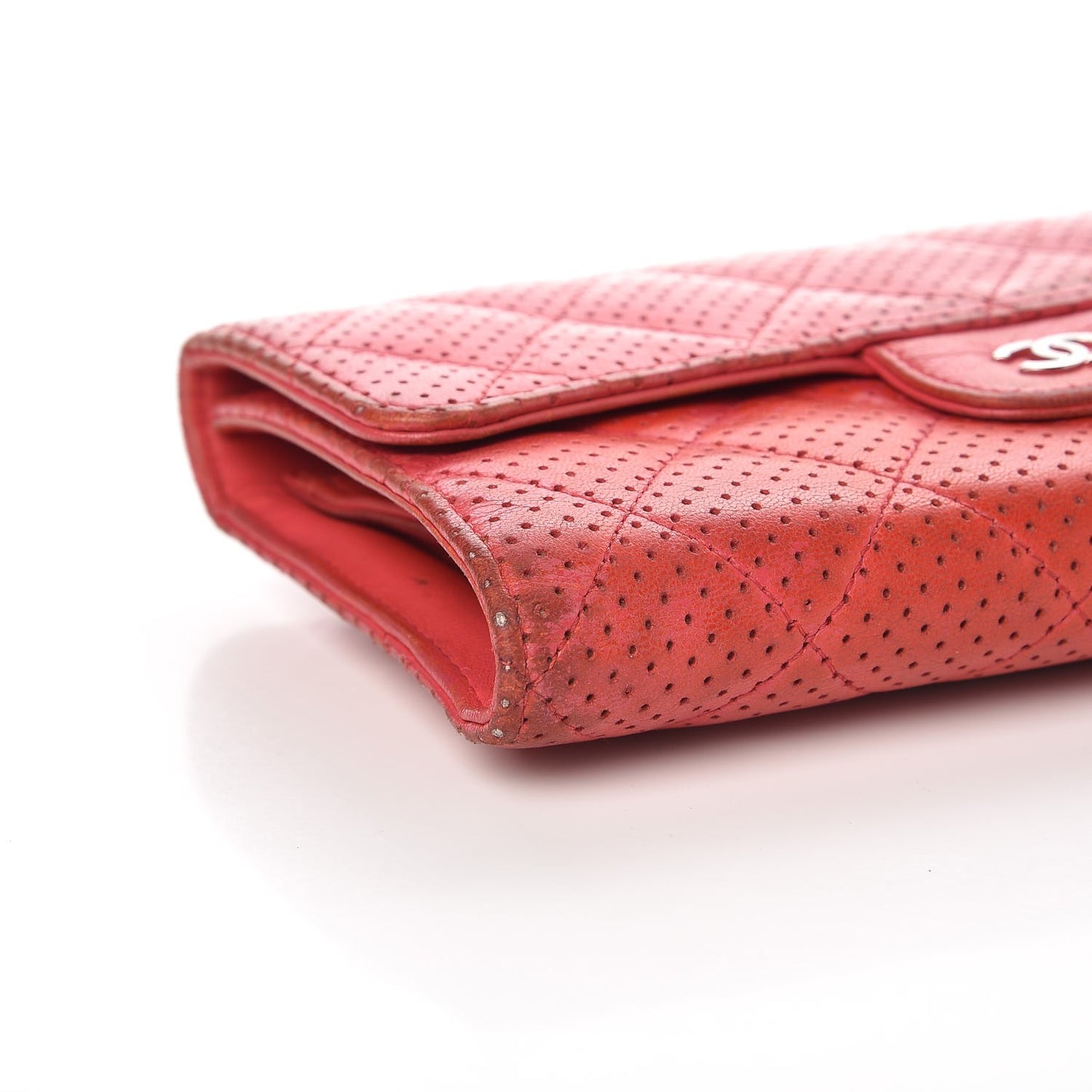 Perforated Lambskin Quilted Flap Wallet Red