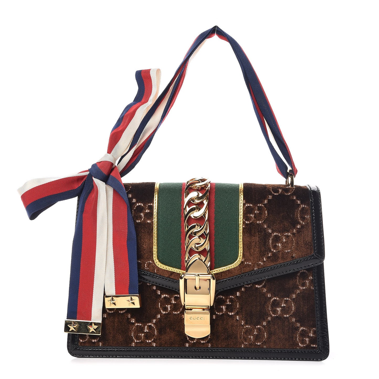 Velvet GG Monogram Web Small Sylvie Shoulder Bag Brown Black Oro Vecchio