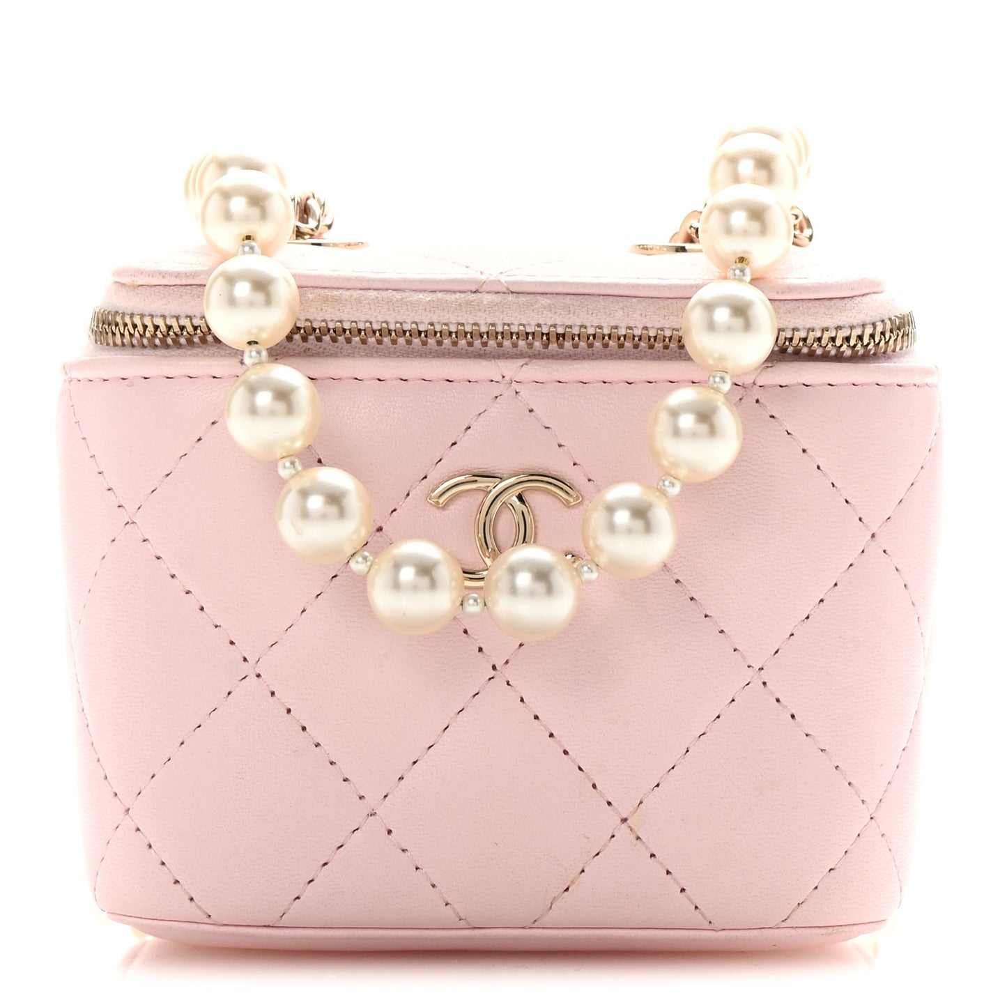 Lambskin Quilted Mini Vanity Case With Pearl Chain Light Pink