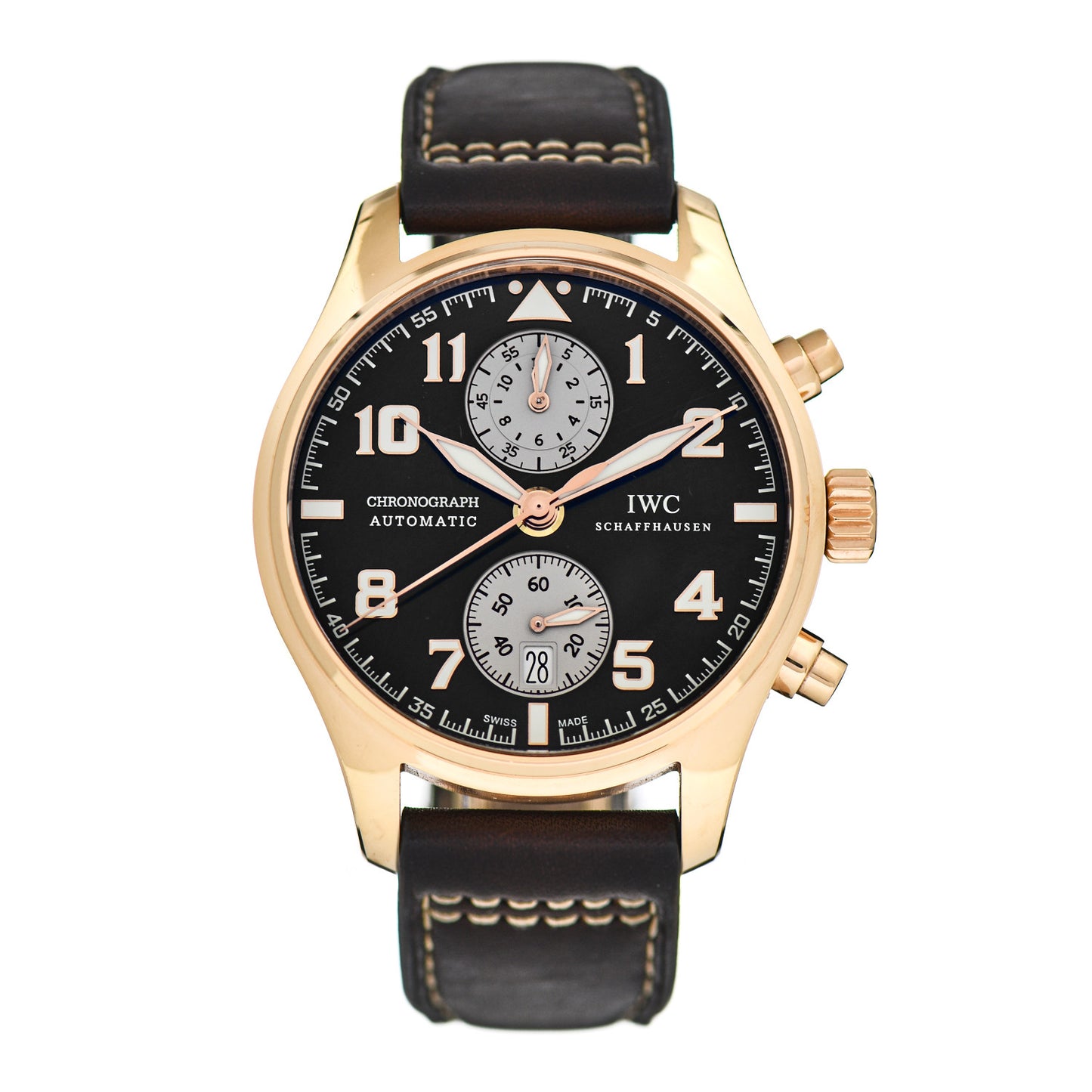 18K Rose Gold Calfskin 43mm Pilot Chronograph Saint Exupery Automatic Watch Brown IW387805