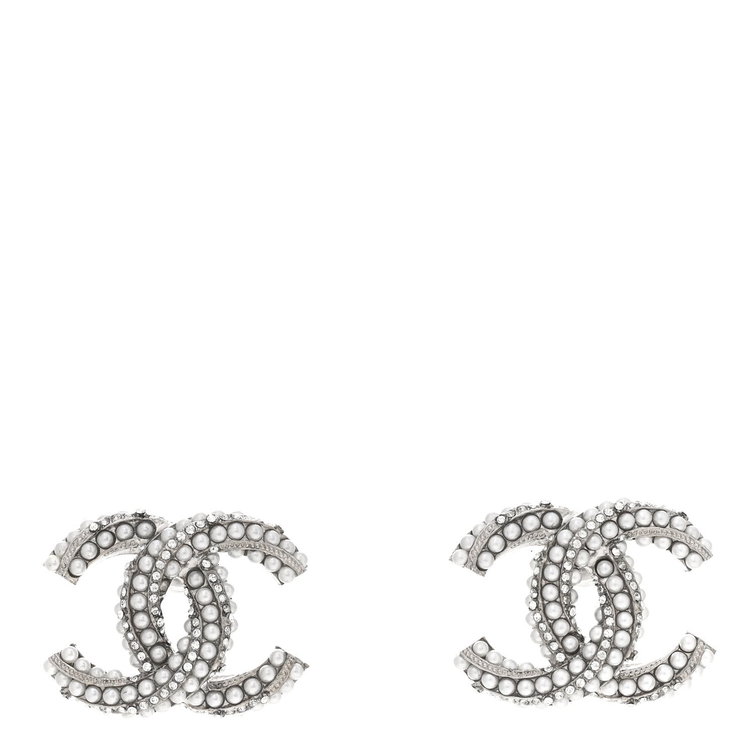 Chanel Crystal Pearl Twisted CC Earrings Silver 1 of 4