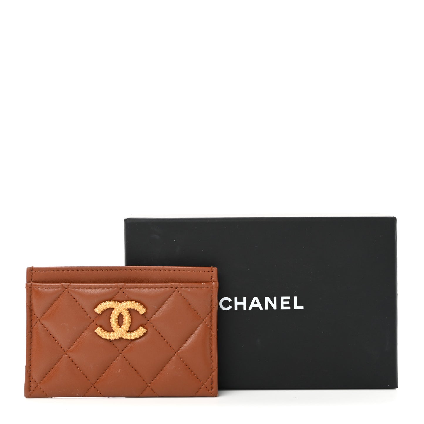 Lambskin Quilted Studded CC Card Holder Camel