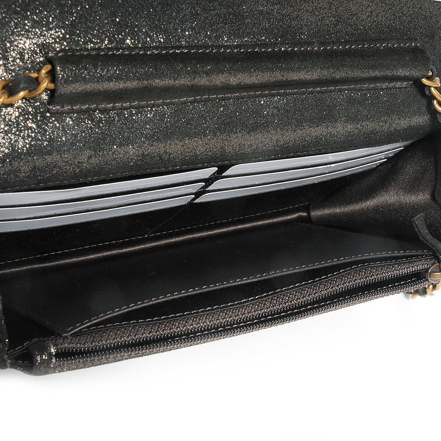 Iridescent Calfskin Quilted Tartan Button Wallet on Chain WOC Black