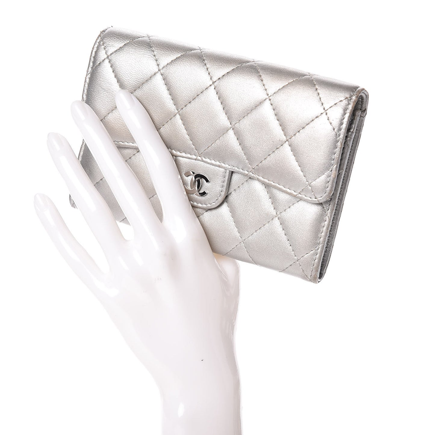 Metallic Lambskin Quilted Small Flap Wallet Silver