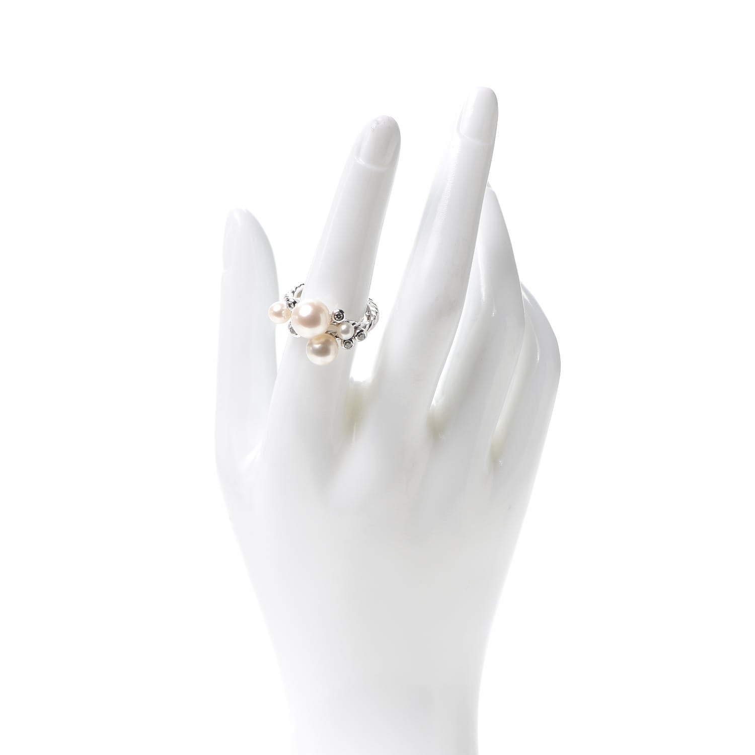 David Yurman Sterling Silver Diamond Pearl Cluster Cable Ring 54 7 2 of 4