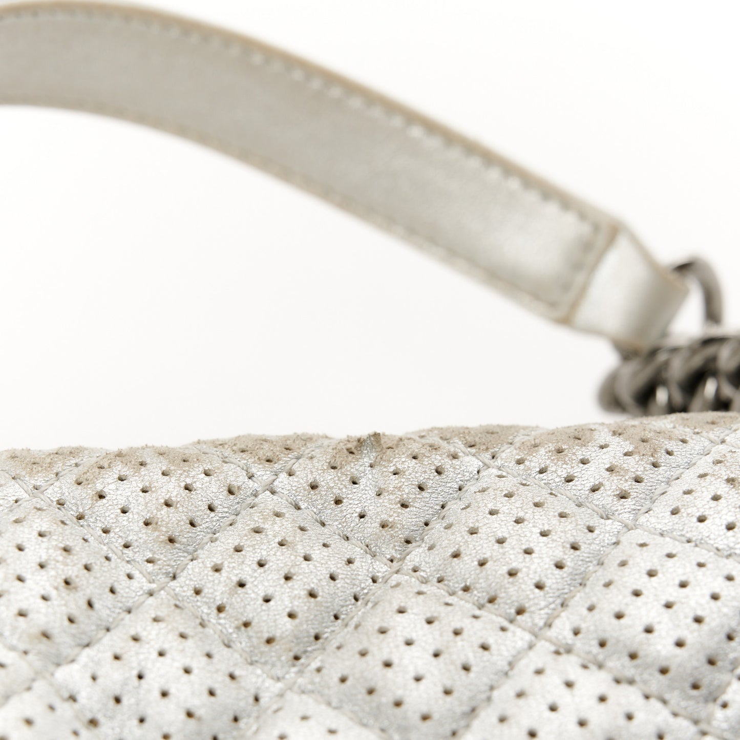 Metallic Perforated Lambskin Quilted Medium Boy Flap Argent