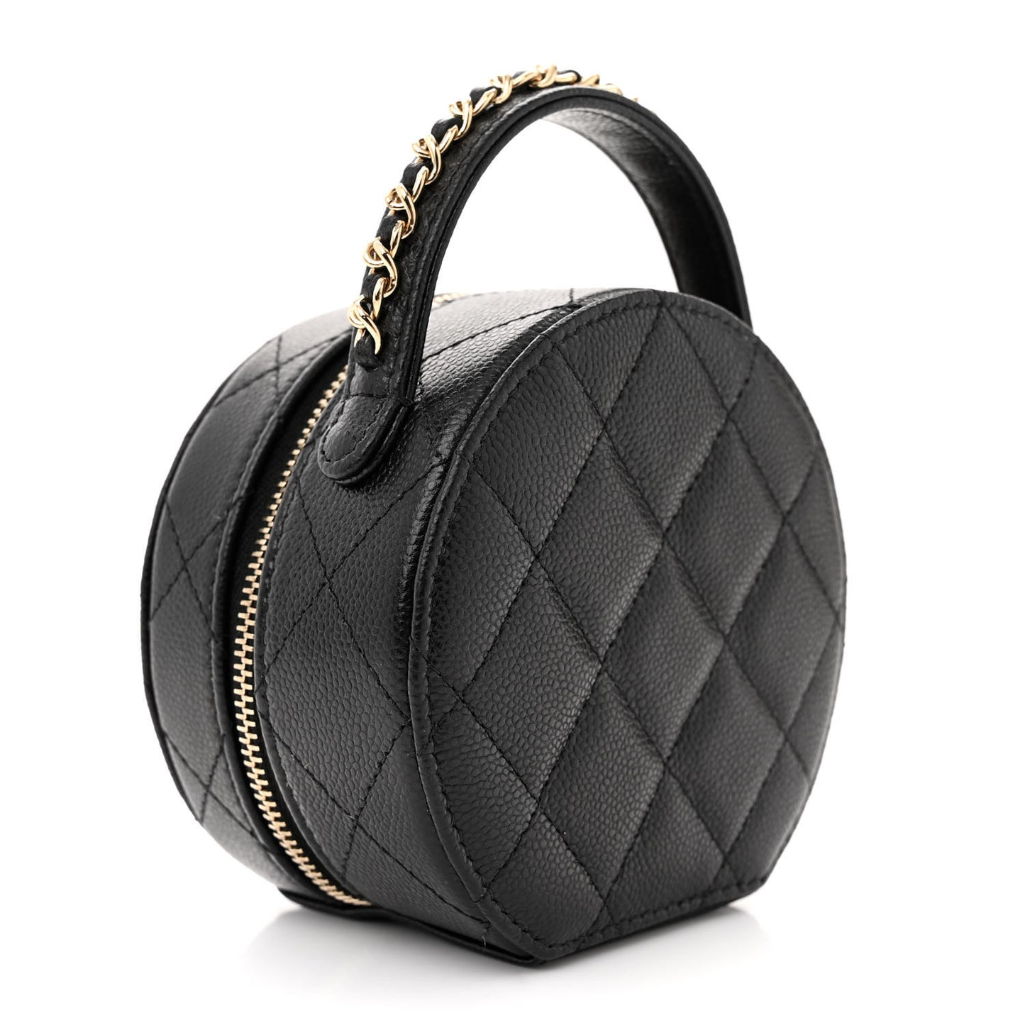 Caviar Quilted Round Top Handle Jewelry Case Black