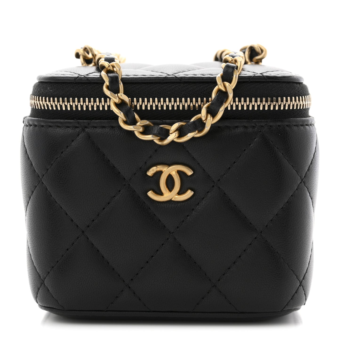 Lambskin Quilted Mini Pearl Crush Vanity Case With Chain Black