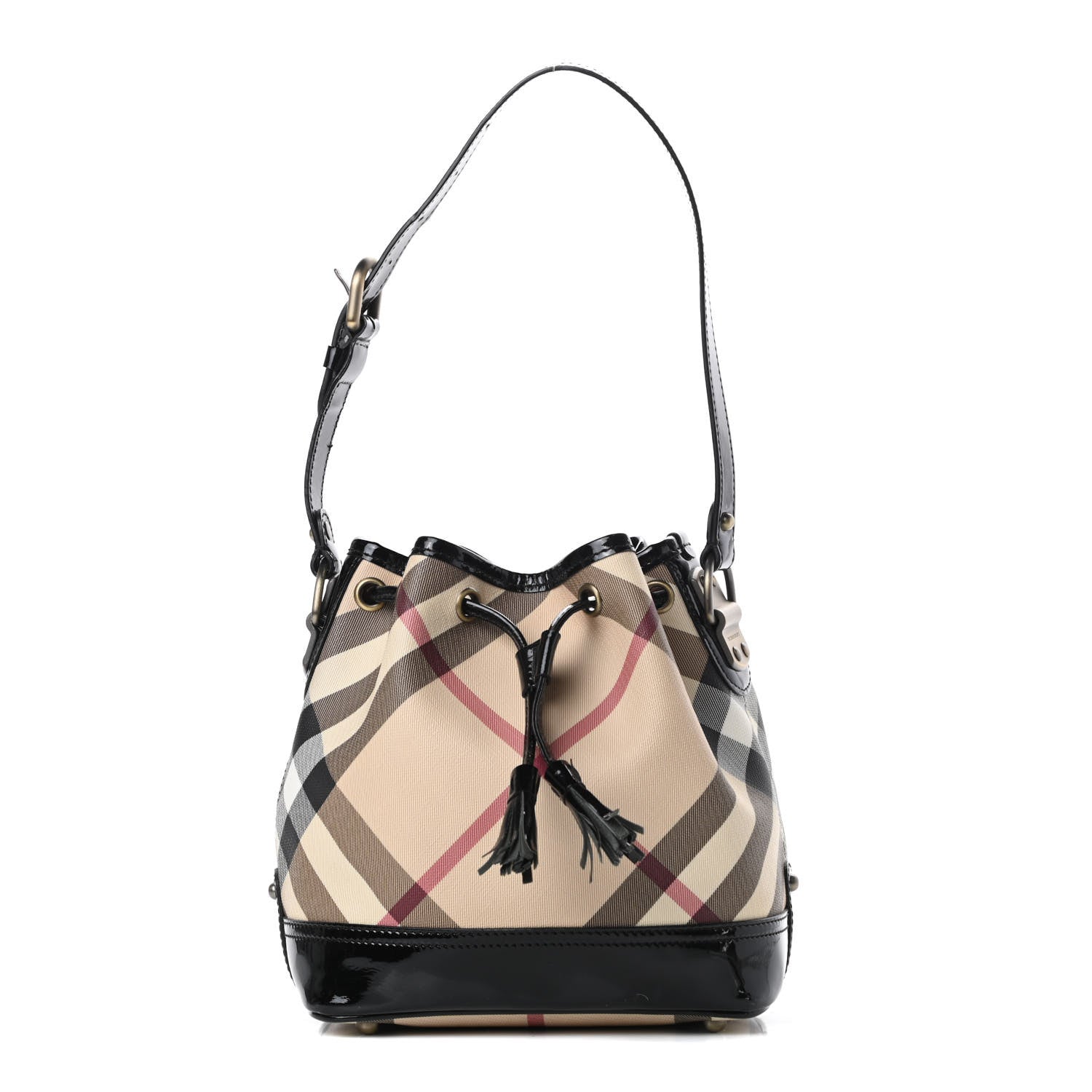 Burberry Patent Trim Nova Check Drawstring Bucket Bag Black 1 of 12