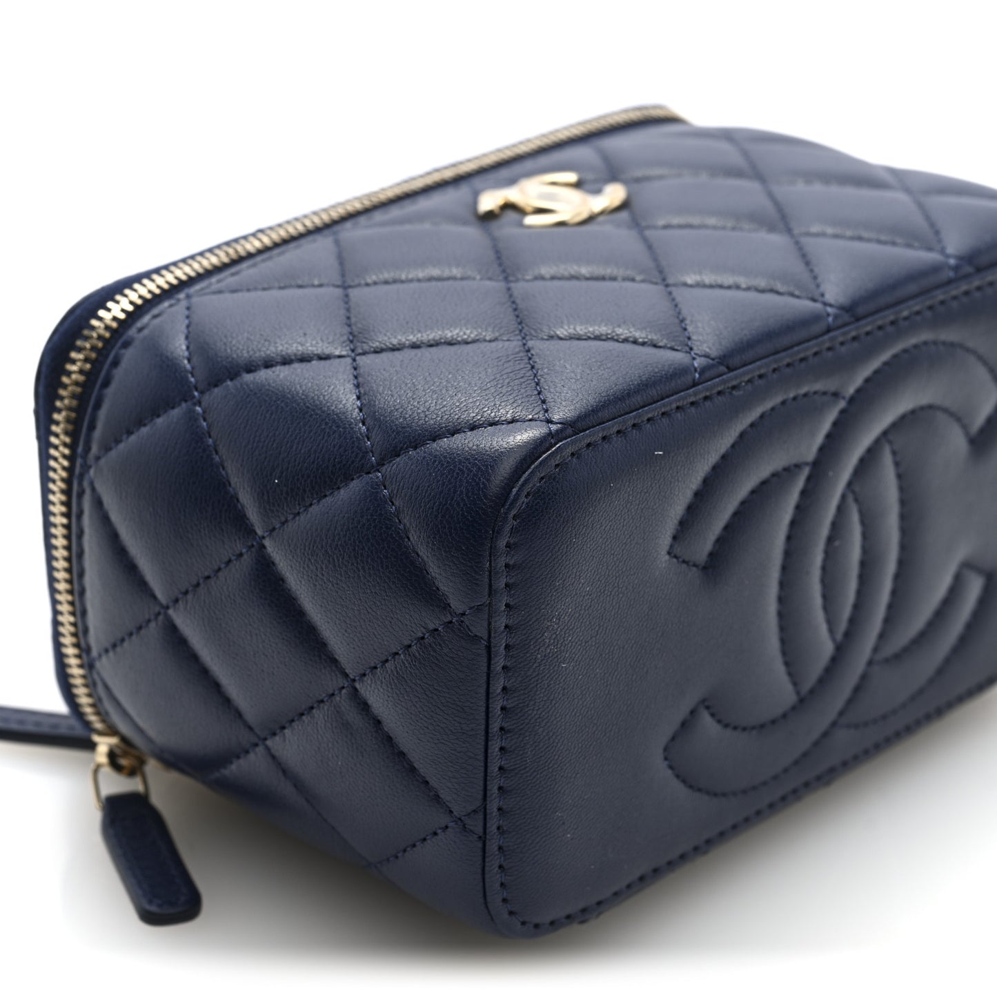 Lambskin Quilted Small Charming Top Handle Vanity Case With Chain Navy Blue