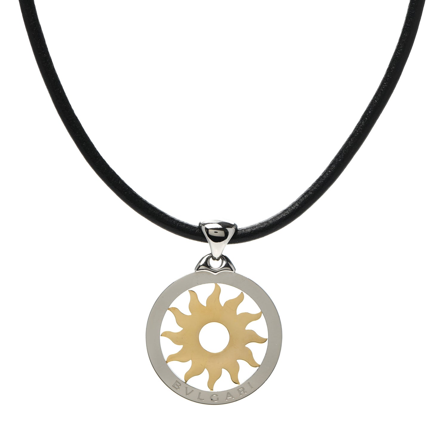 18K Yellow Gold Stainless Steel Calfskin Tondo Sun Pendant Necklace Black