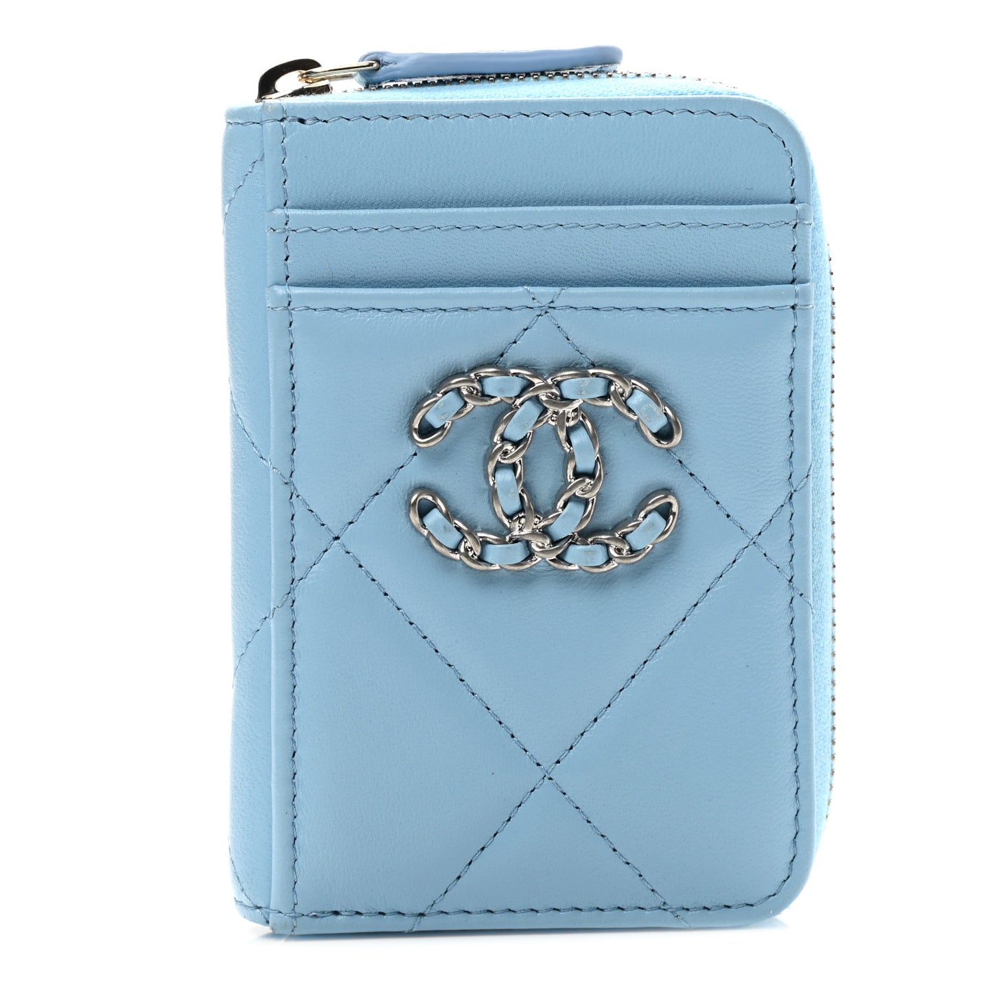 Lambskin Quilted Chanel 19 Vertical Zip Card Holder Wallet Light Blue