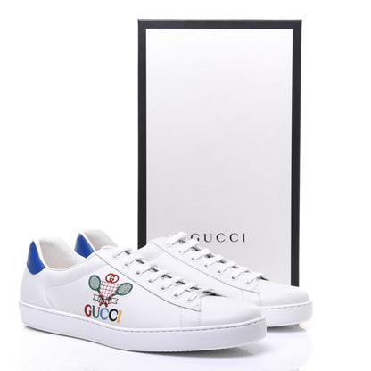 Gucci Calfskin Miro Soft Tennis Embroidered Mens Ace Sneakers 11.5 White Rio Blue 9 of 9