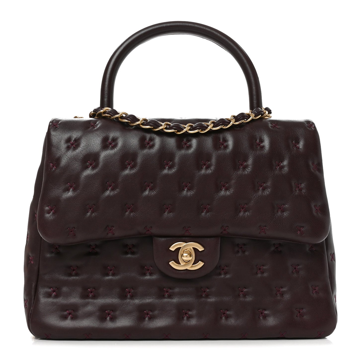 Lambskin Cross Stitch Small Coco Handle Flap Burgundy