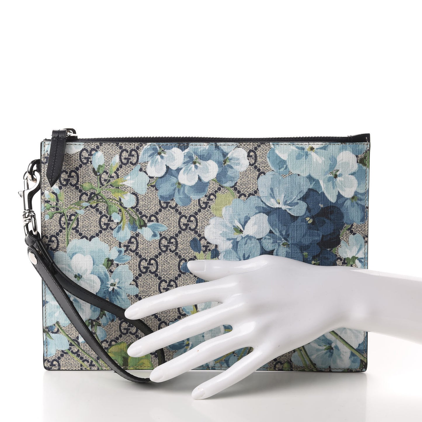 GG Supreme Monogram Blooms Small Zip Wristlet Pouch Beige Blue Black
