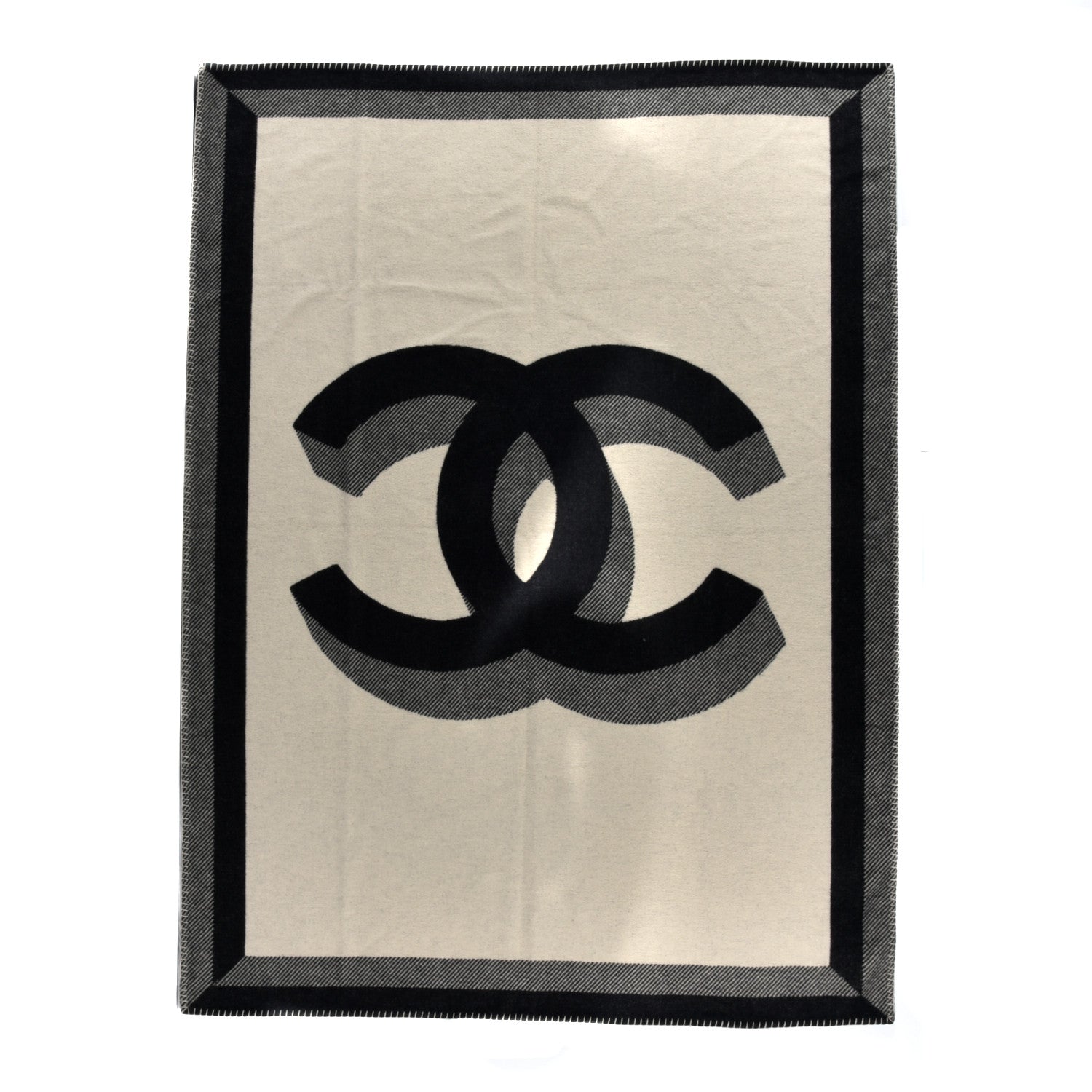 Chanel Wool Cashmere CC Throw Blanket Black Beige 1 of 3