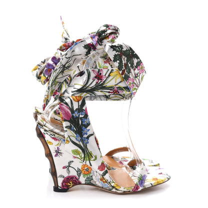 Gucci Satin Floral Ankle Strap Wedge Sandals 35 White Multicolor 4 of 8