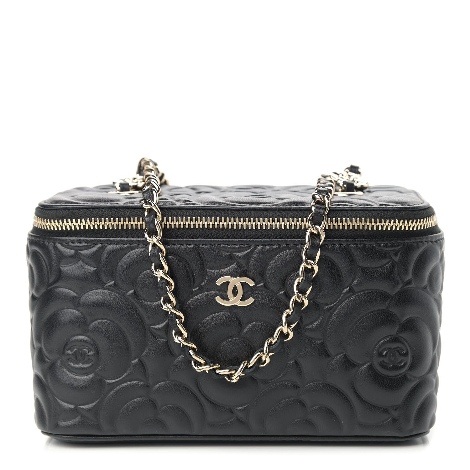 Chanel Lambskin Camellia Embossed Small Vanity Case With Chain Black 1 of 9