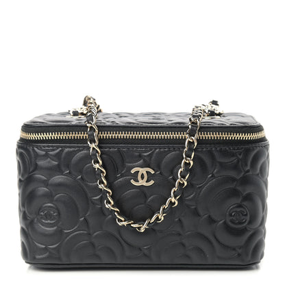Chanel Lambskin Camellia Embossed Small Vanity Case With Chain Black 1 of 9