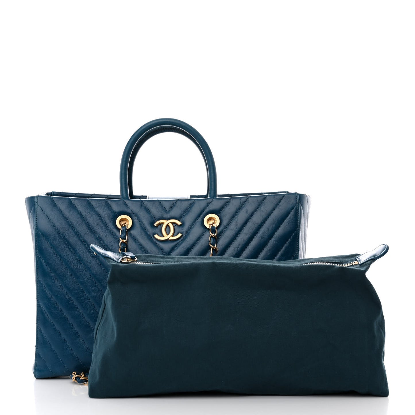 Aged Calfskin Chevron Large Coco Handle Shopping Tote Blue