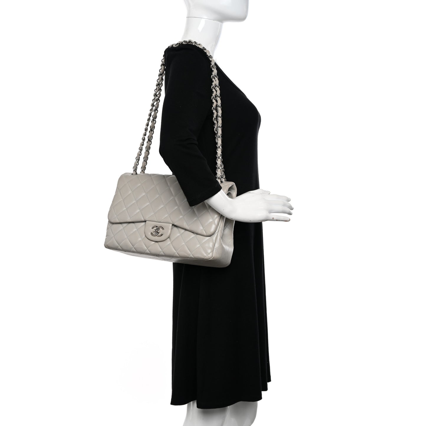 Caviar Quilted Jumbo Double Flap Grey