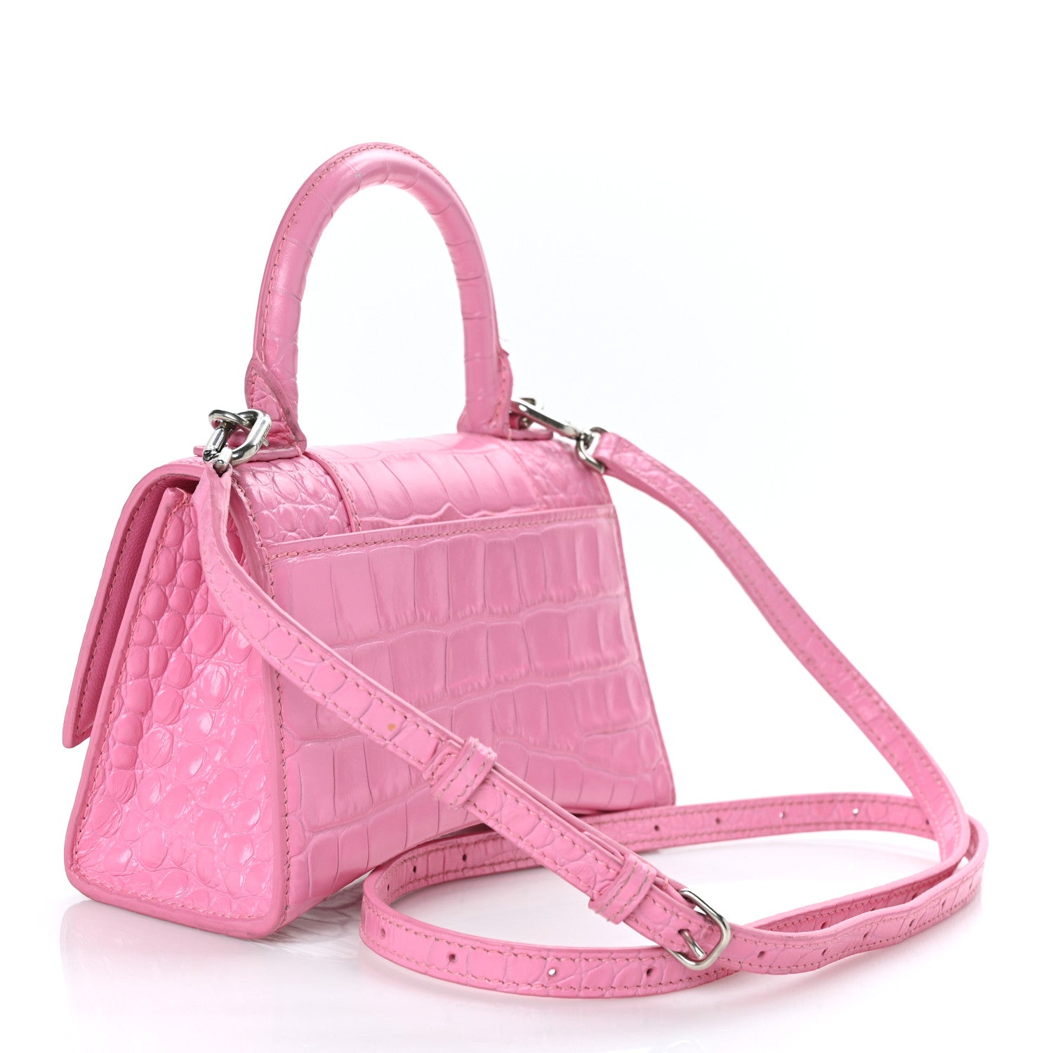 Balenciaga Shiny Calfskin Crocodile Embossed Hourglass Top Handle Bag XS Baby Pink 3 of 10