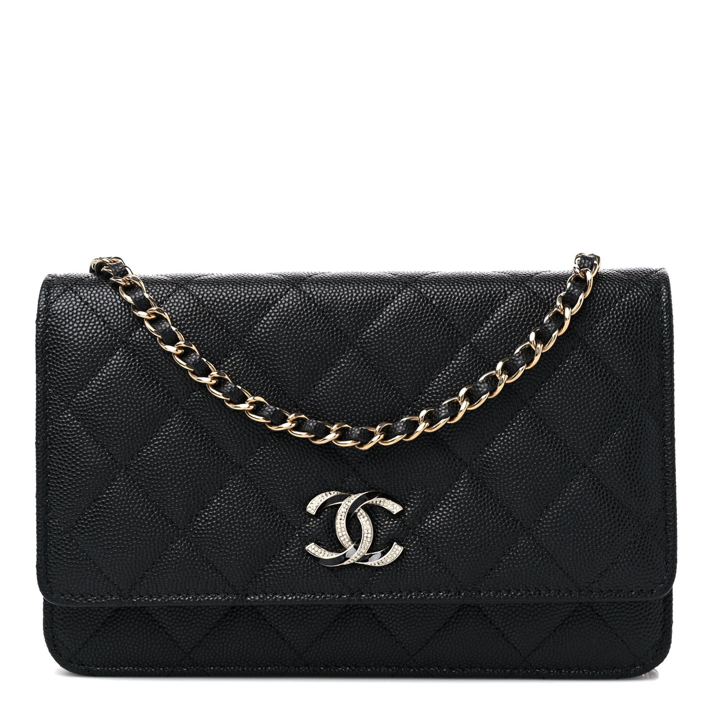 Caviar Quilted Crystal Enamel CC Wallet On Chain WOC Black
