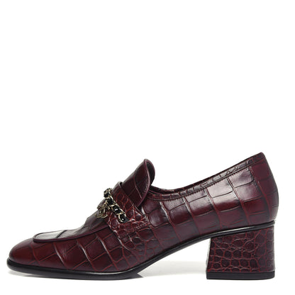Chanel Crocodile Embossed Calfskin CC Chain Mocassin Loafers 38.5 Burgundy Black 1 of 12