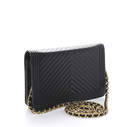 Chanel Caviar Chevron Quilted Boy Wallet On Chain WOC Black 2 of 10