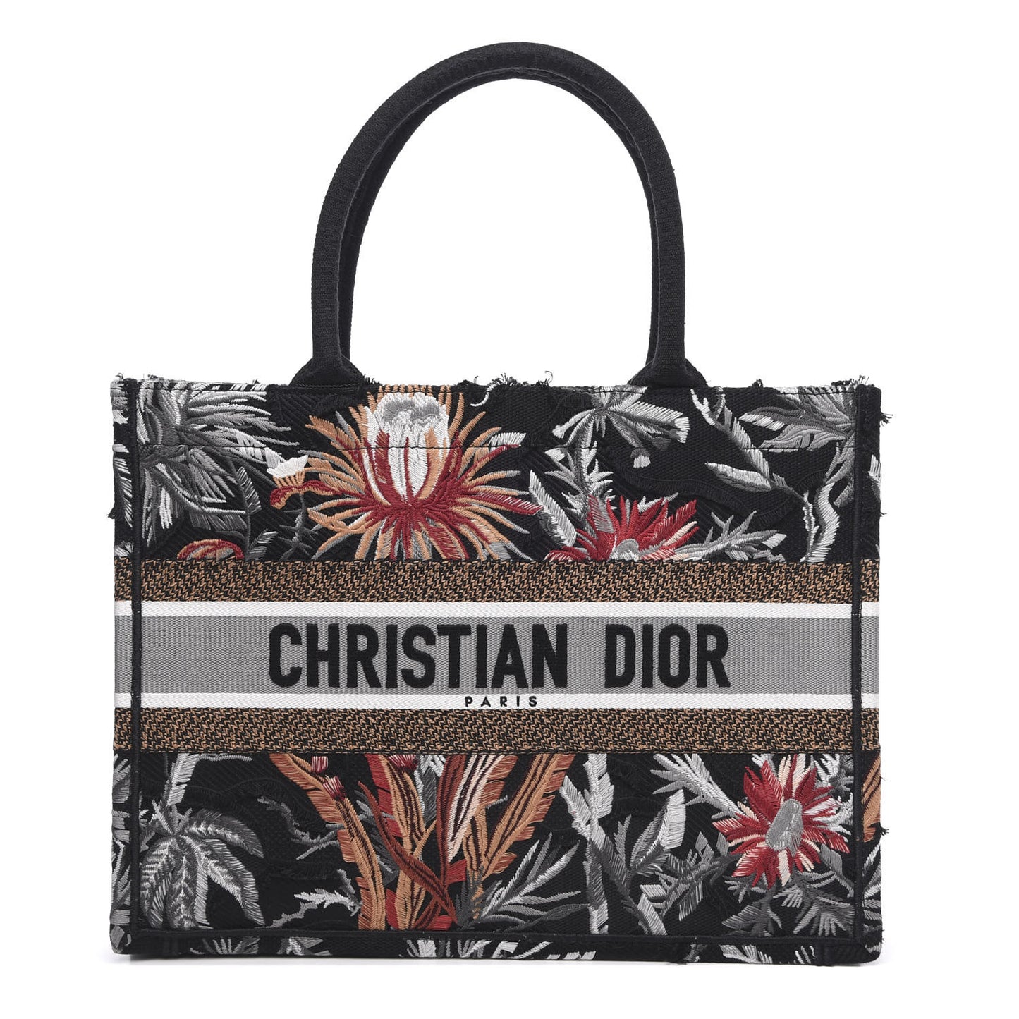 Canvas Embroidered Medium Camouflage Flowers Book Tote Black Multicolor
