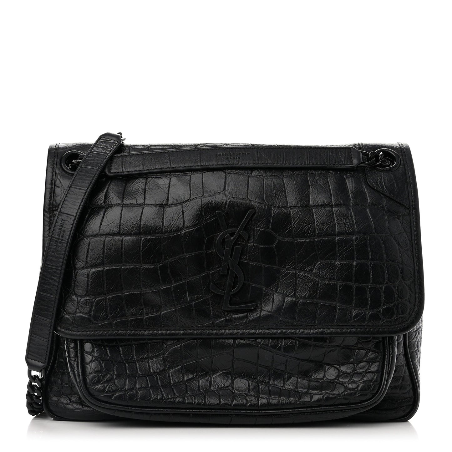Crinkled Calfskin Crocodile Embossed Monogram Medium Niki Chain Satchel Black