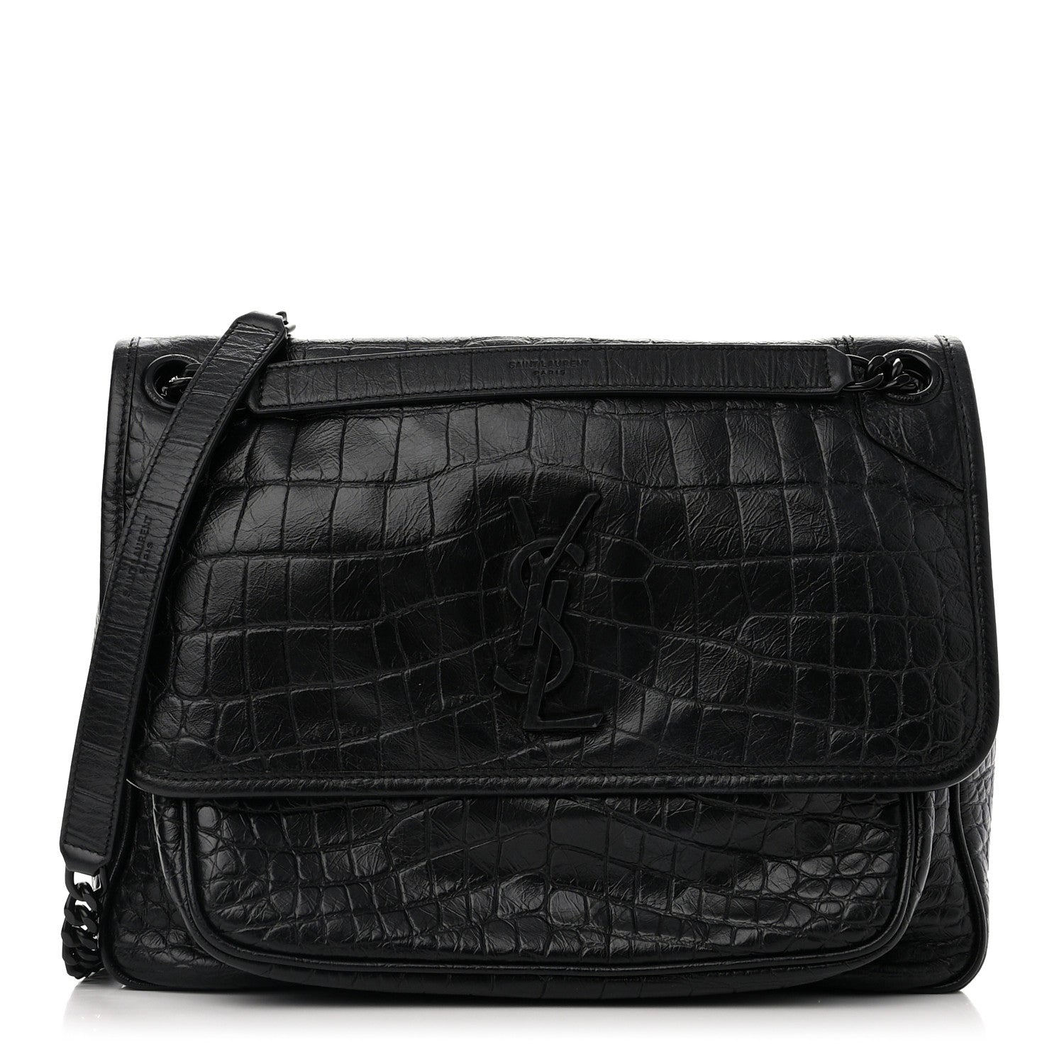 Saint Laurent Crinkled Calfskin Crocodile Embossed Monogram Medium Niki Chain Satchel Black 1 of 11