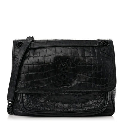 Saint Laurent Crinkled Calfskin Crocodile Embossed Monogram Medium Niki Chain Satchel Black 1 of 11