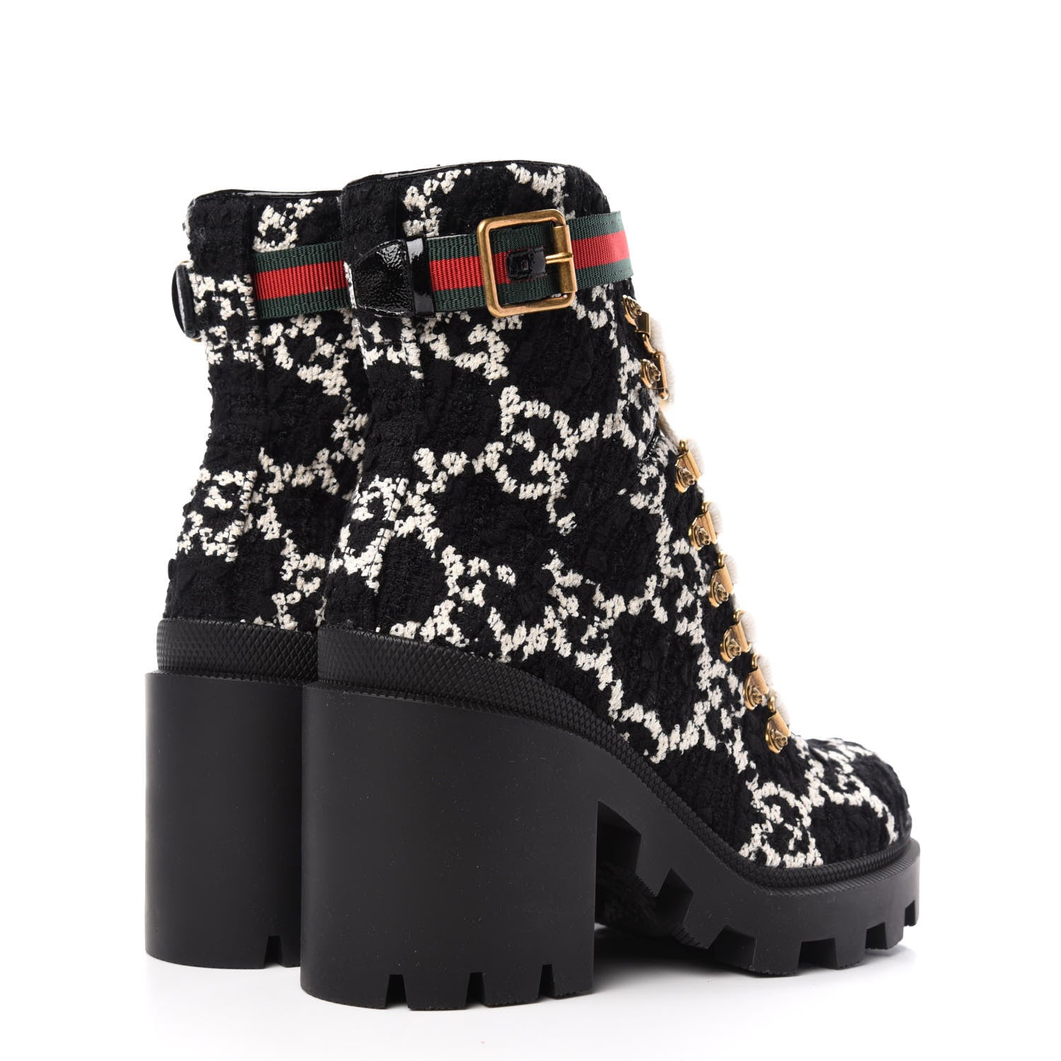 Gucci Tweed GG Monogram Lace Up Combat Ankle Boots 35 Black 4 of 11