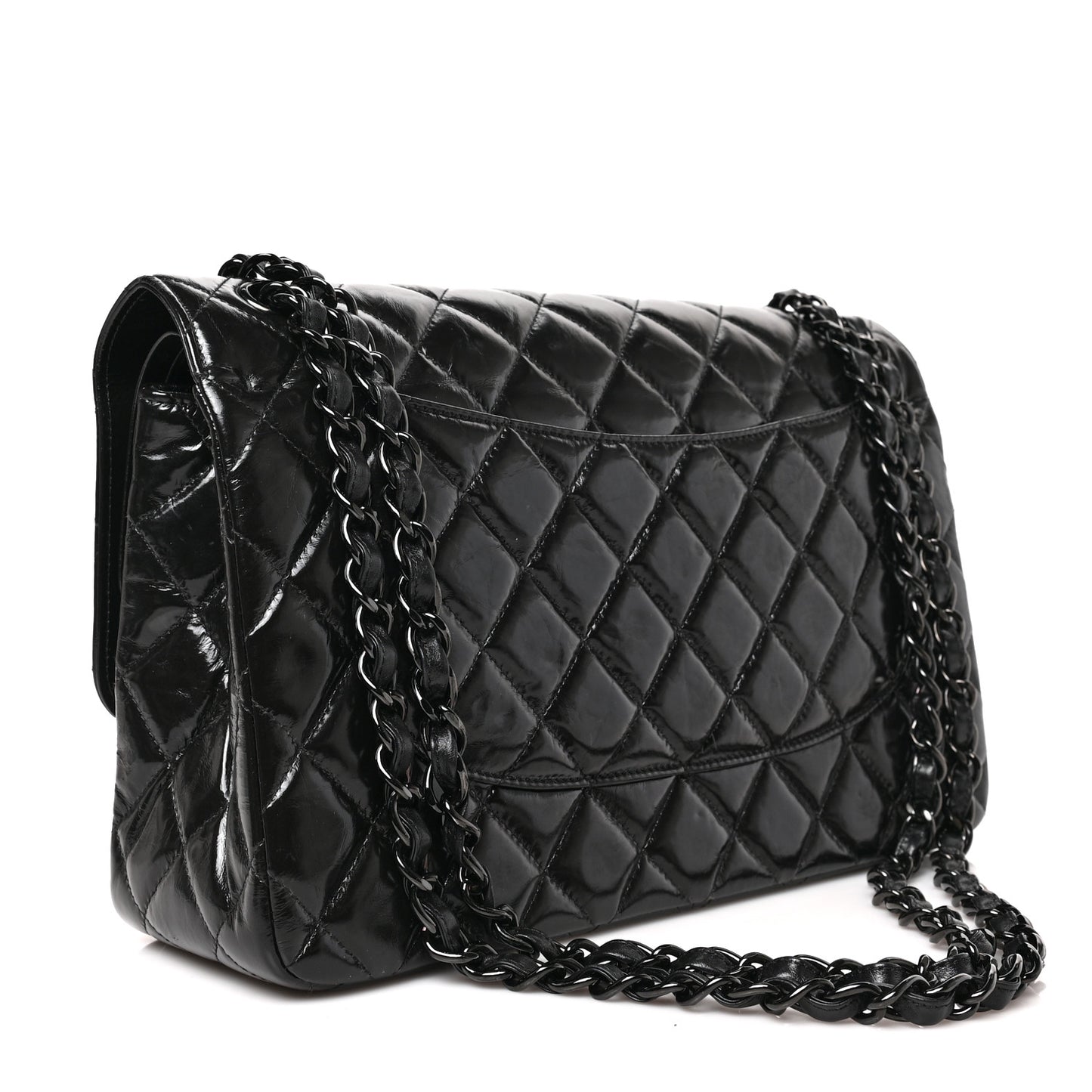 Shiny Distressed Calfskin Quilted Jumbo Double Flap So Black