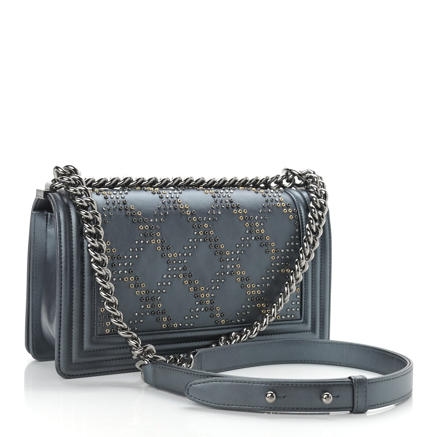 Metallic Calfskin Crystal Medium Boy Flap Dark Silver