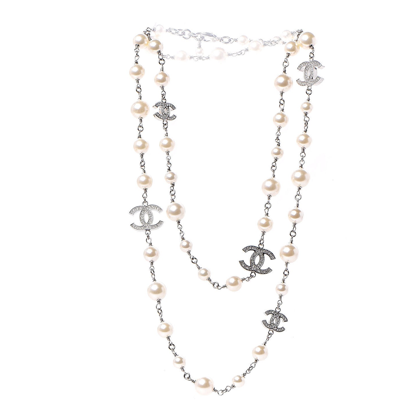 Crystal Pearl CC Long Necklace Silver