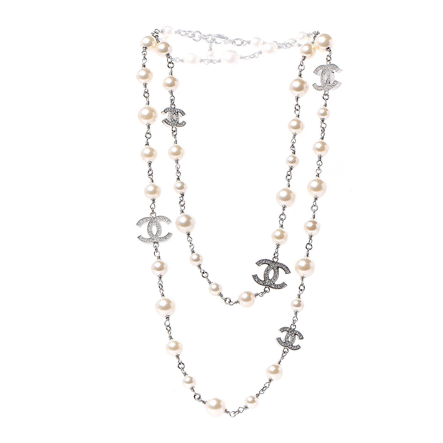 Chanel Crystal Pearl CC Long Necklace Silver 3 of 6
