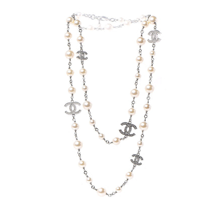 Chanel Crystal Pearl CC Long Necklace Silver 3 of 6