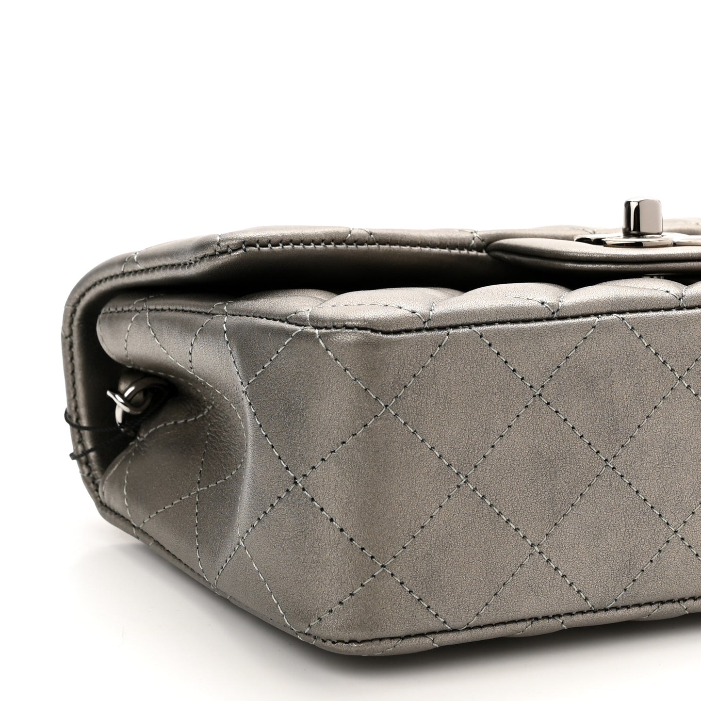 Metallic Calfskin Quilted Mini Rectangular Flap Ruthenium
