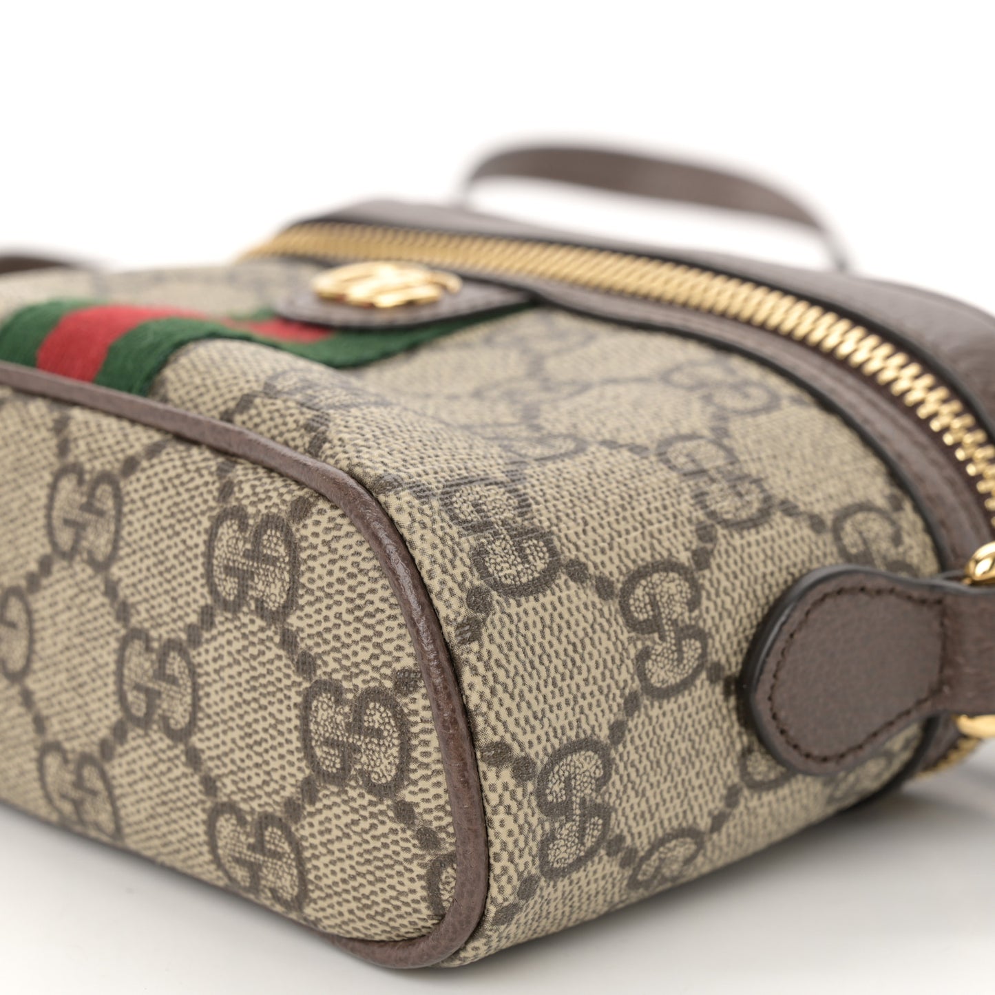 GG Supreme Monogram Textured Calfskin Web Mini Ophidia Top Handle Bag Beige Ebony New Acero