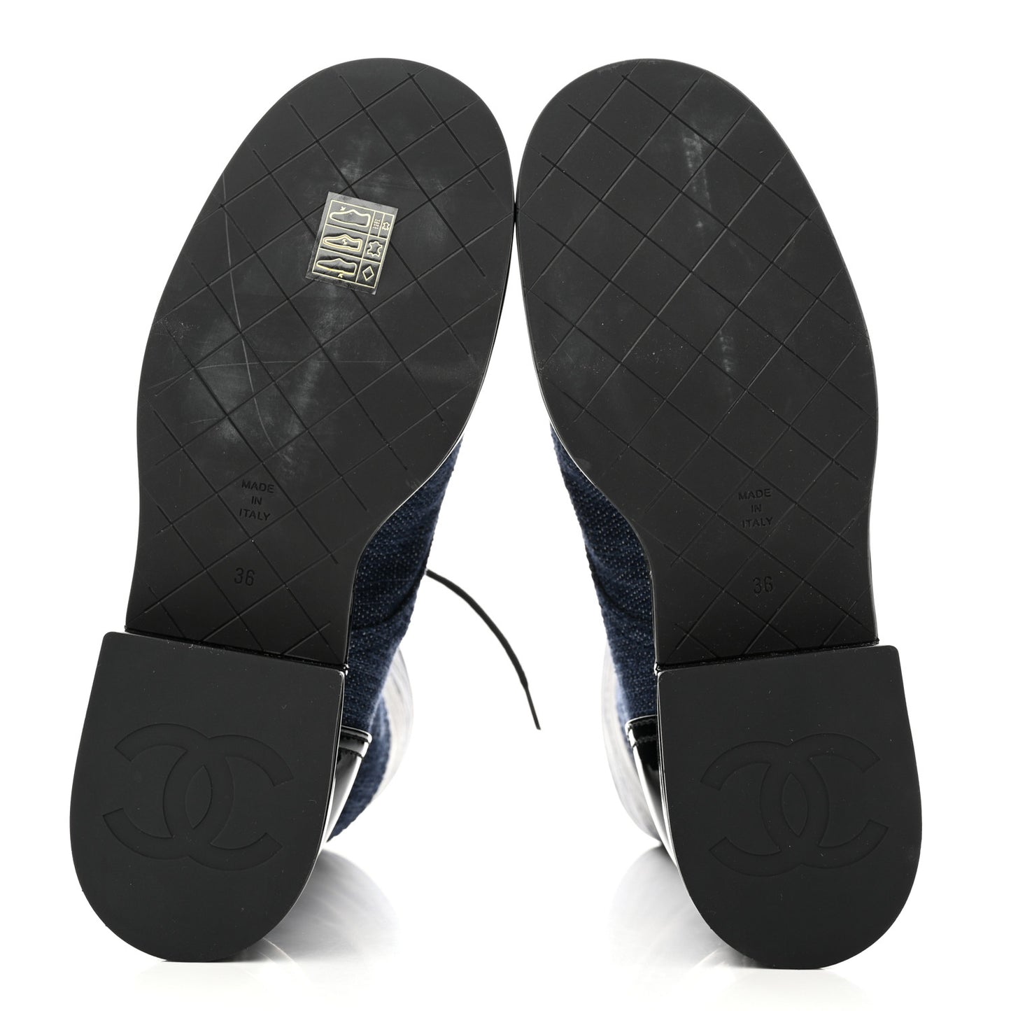 Denim Patent Lambskin Quilted CC Lace Up Combat Boots 36 Navy Blue Black