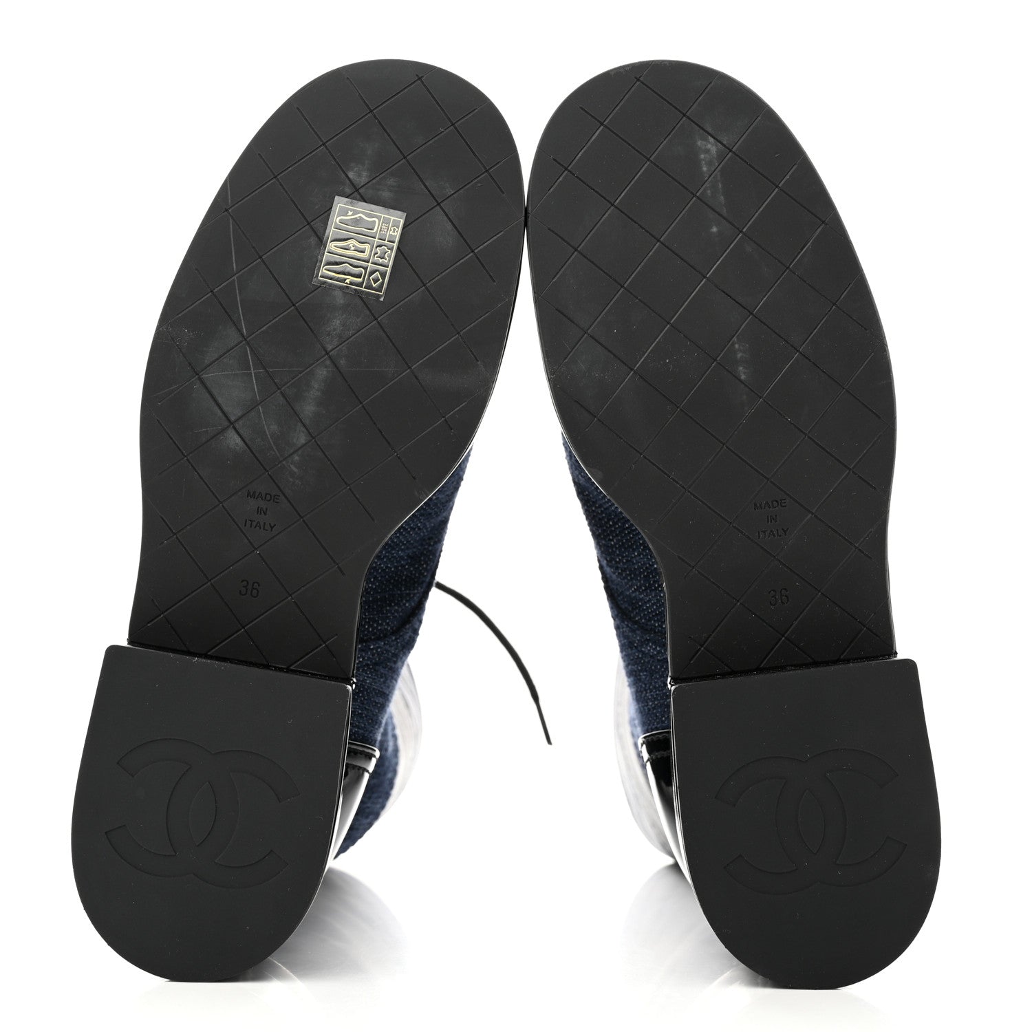 Chanel Denim Patent Lambskin Quilted CC Lace Up Combat Boots 36 Navy Blue Black 5 of 9