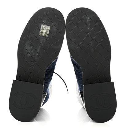 Chanel Denim Patent Lambskin Quilted CC Lace Up Combat Boots 36 Navy Blue Black 5 of 9