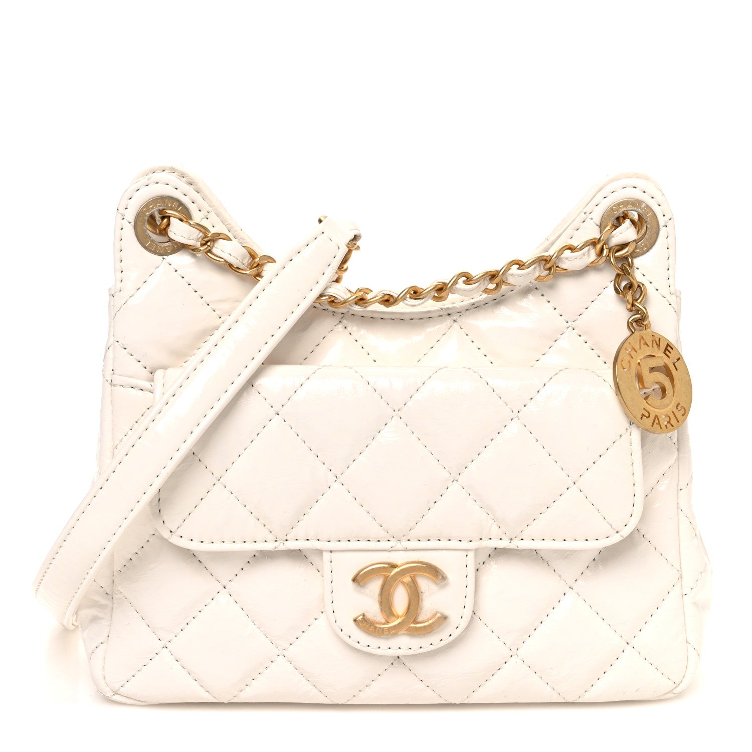 Chanel Shiny Crumpled Calfskin Quilted Small Wavy CC Hobo White 1 of 11