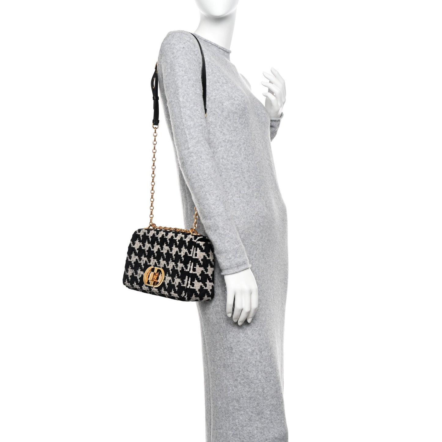 Technical Canvas Macro Houndstooth Medium Caro Bag Black White