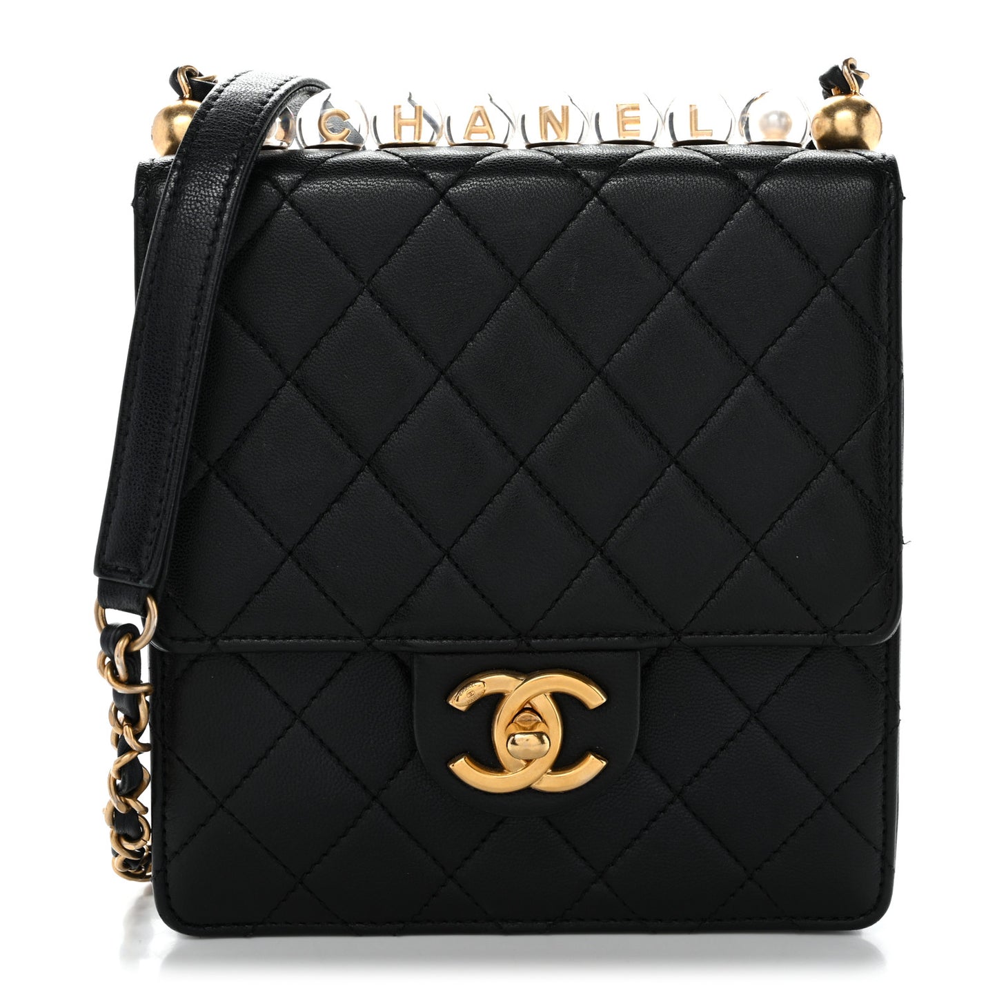 Goatskin Quilted Chic Pearls Flap Black