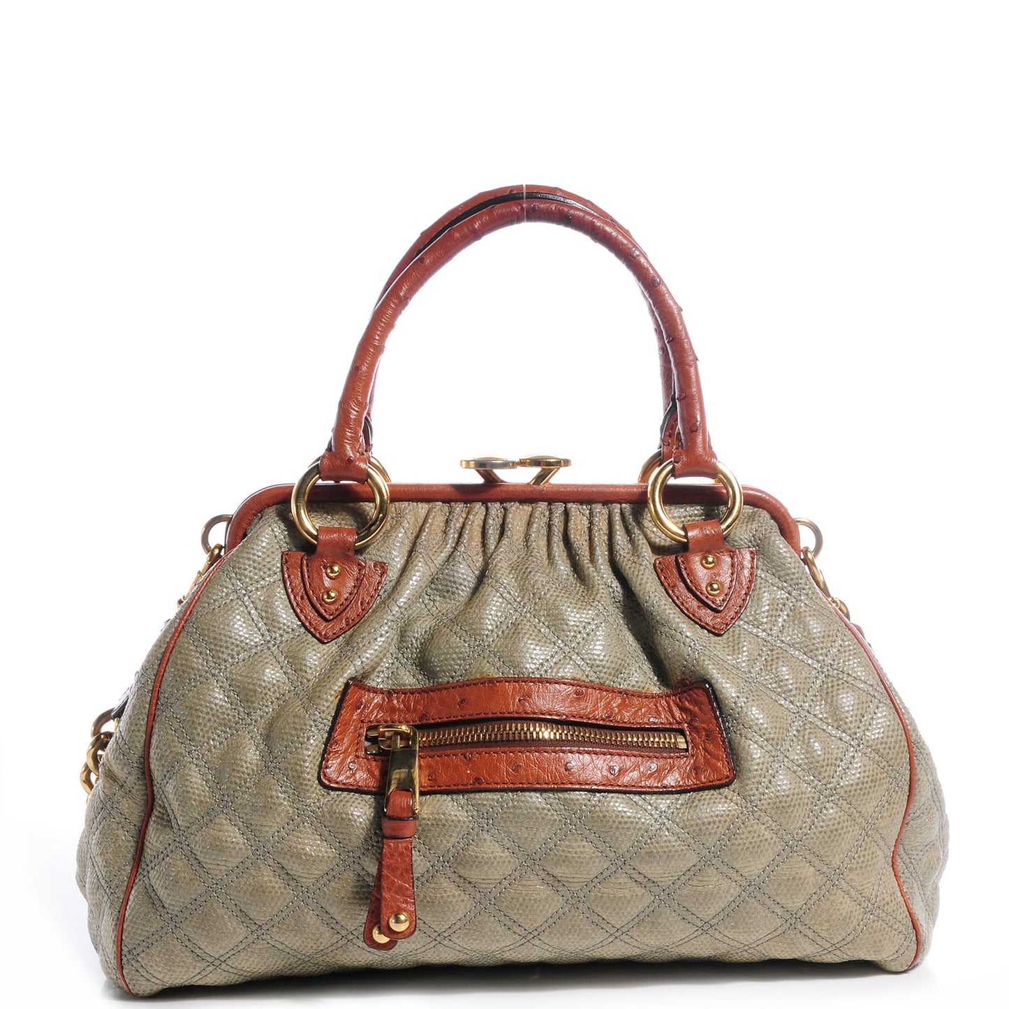 Quilted Coated Canvas and Ostrich Trim Stam Tote Light Grey