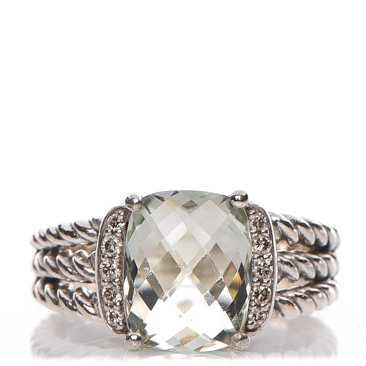 David Yurman Sterling Silver Diamond Prasiolite 10mm Petite Wheaton Ring 50 5.5 1 of 5