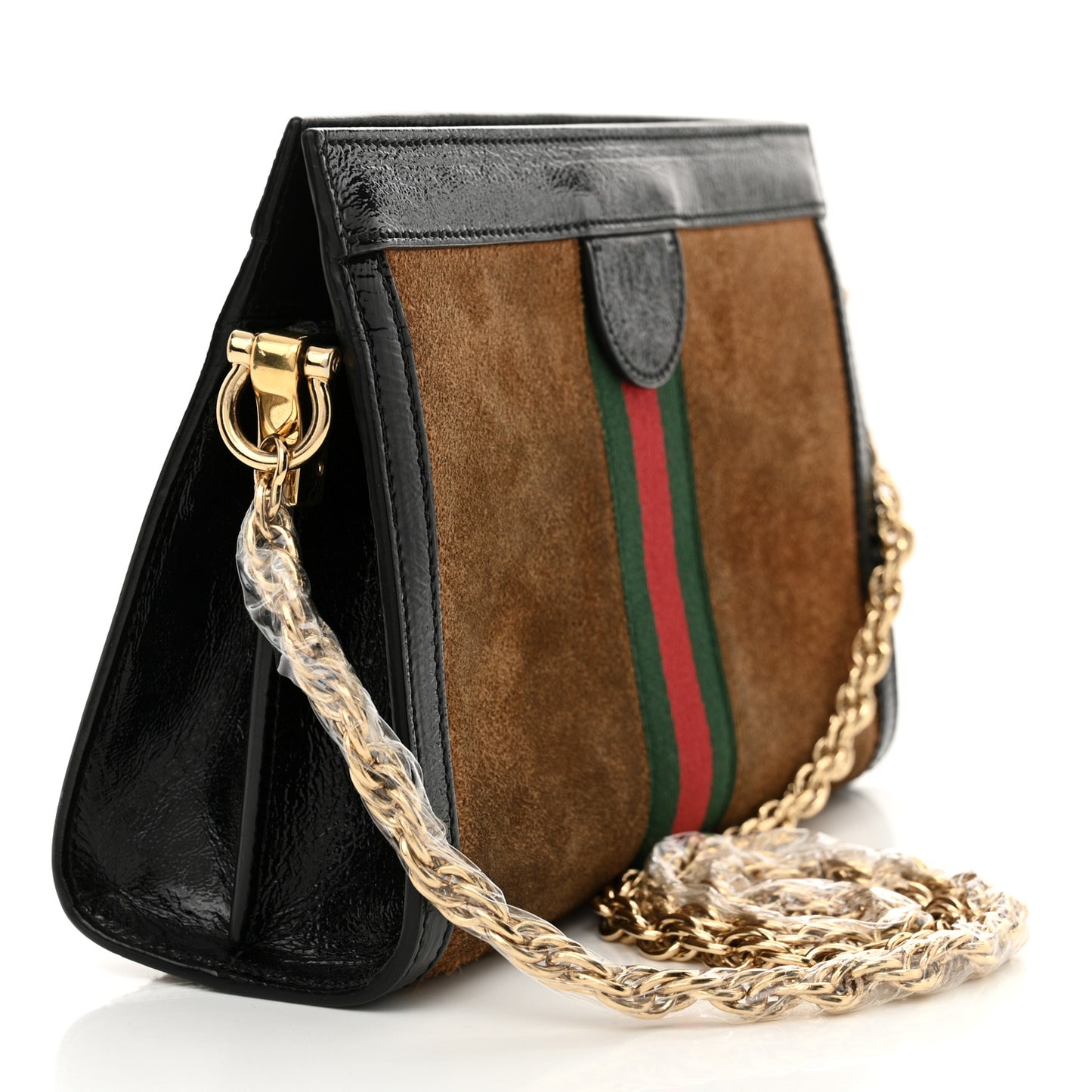 Suede Patent Web Small Ophidia Chain Shoulder Bag Nocciola Black